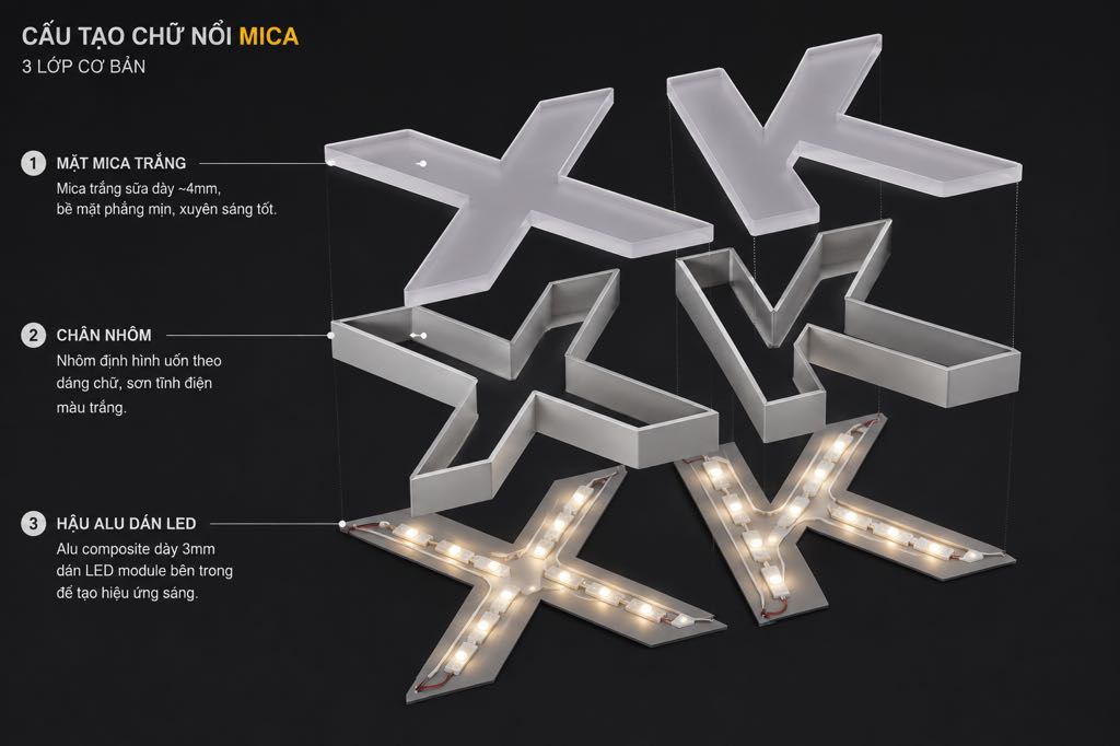 Chữ nổi mica - Giải pháp làm biển hiệu đẹp 3 cau tao chu noi mica